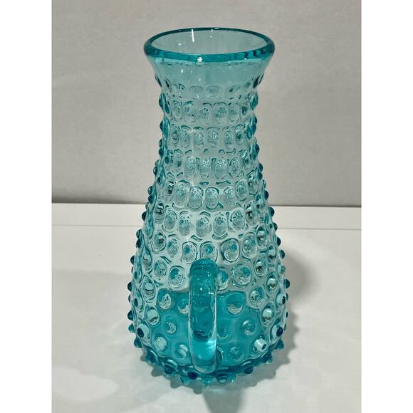 Vintage Handblown Hobnail Glass Aqua Blue Large 9.75" Tall Handled Pitcher - Picture 2 of 12